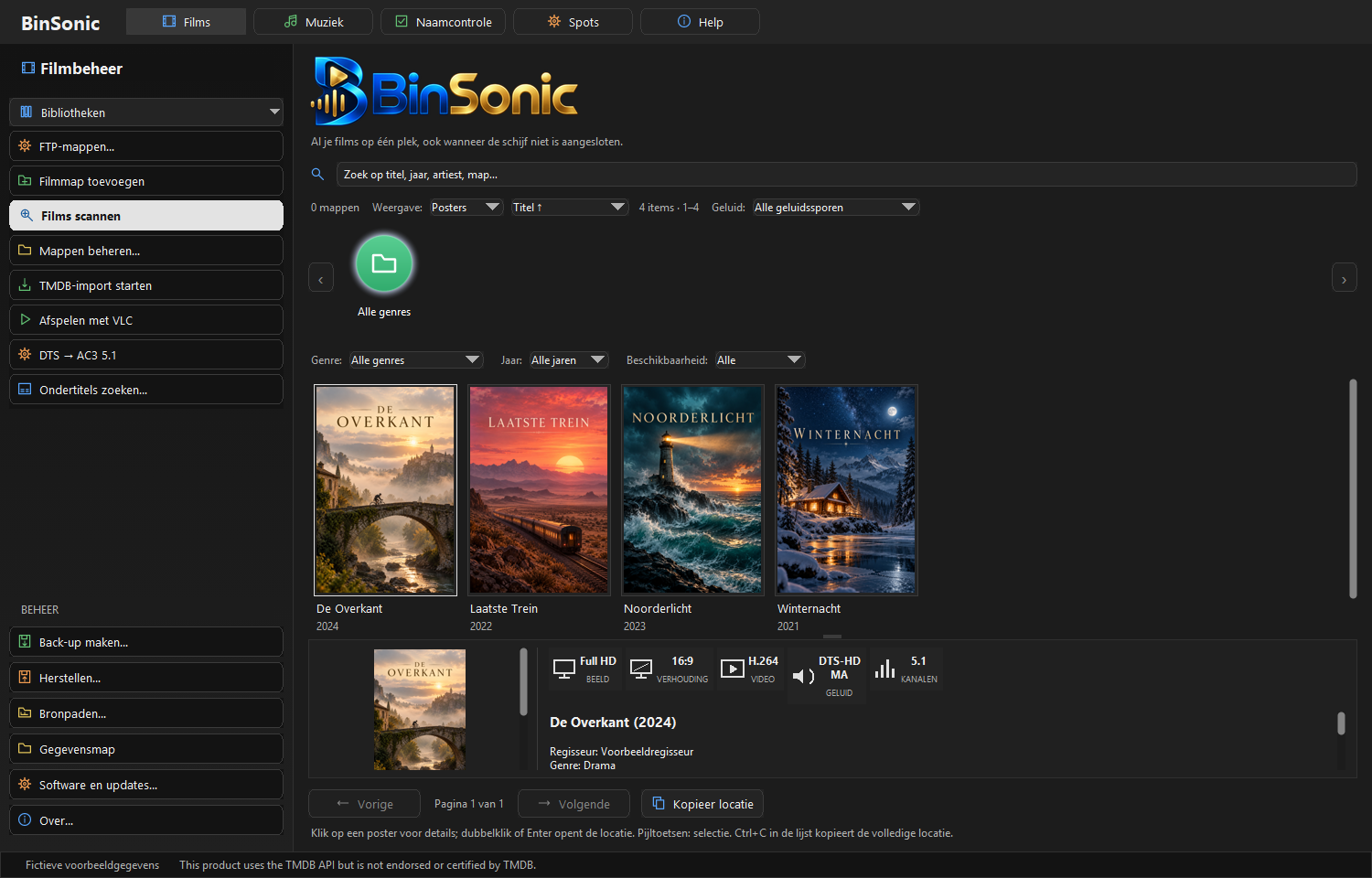 Voorbeeld van de filmbibliotheek in BinSonic met fictieve titels