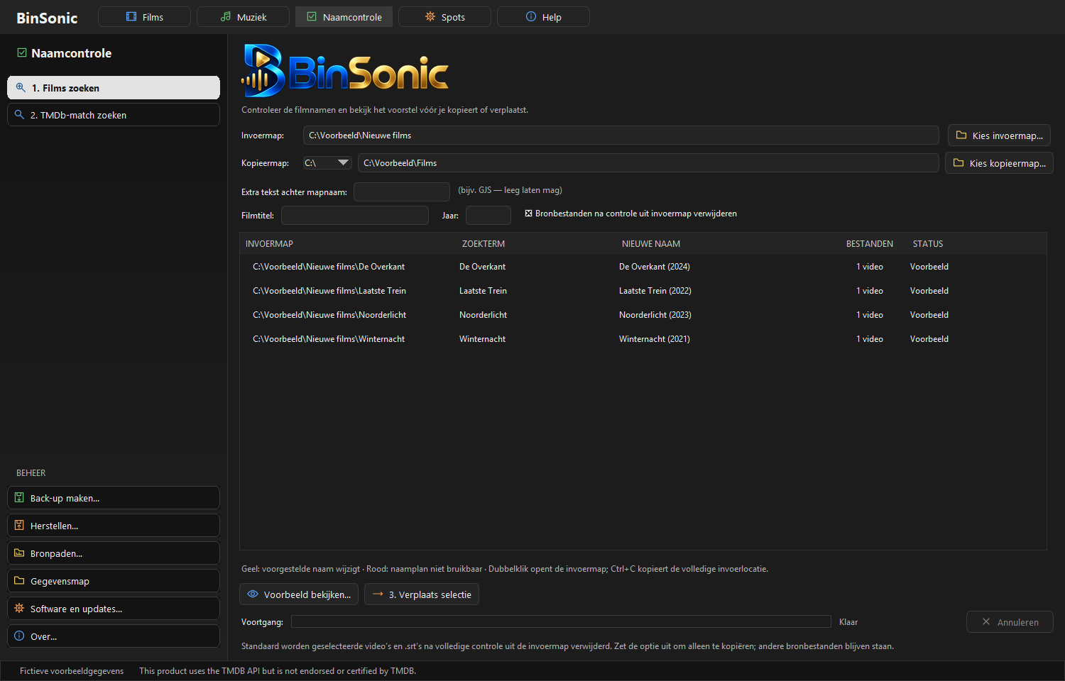Naamcontrole in BinSonic met fictieve filmtitels
