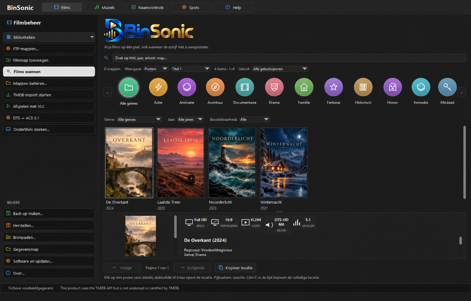 Illustratie van de filmbibliotheek met genreknoppen en fictieve filmposters